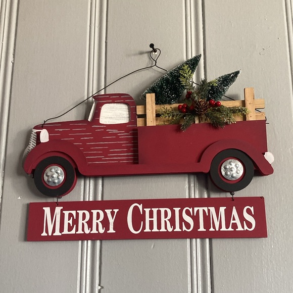 NWT- Red Farmtruck- Merry Christmas Wooden Decor Sign w/ Bottle Brush Trees 🌲 - Picture 7 of 17